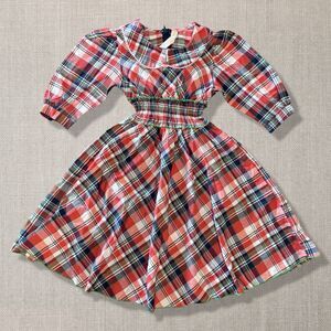 Lele for Kids Girls Plaid Christmas Dress Smocked Waist Peter Pan Collar 7/8